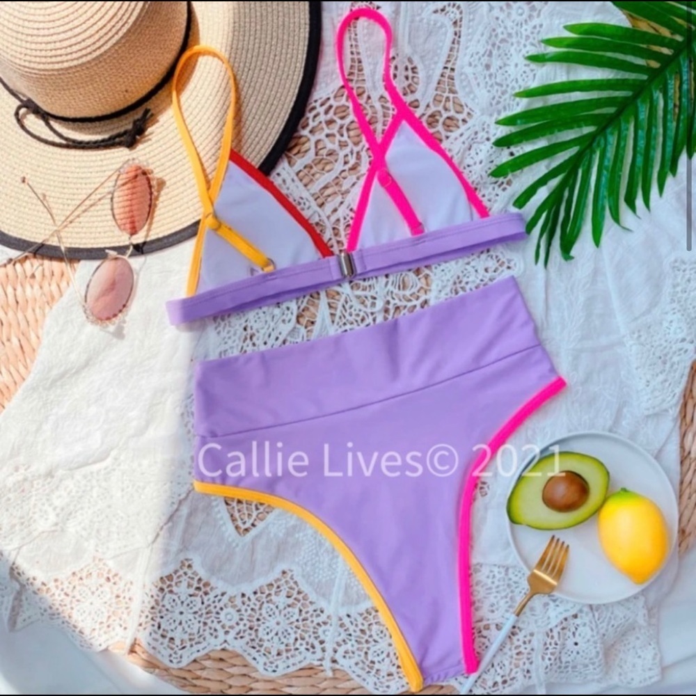 New! Clearance 🔥 Lavender Contrast High Waist Thong Bikini - Picture 4 of 6